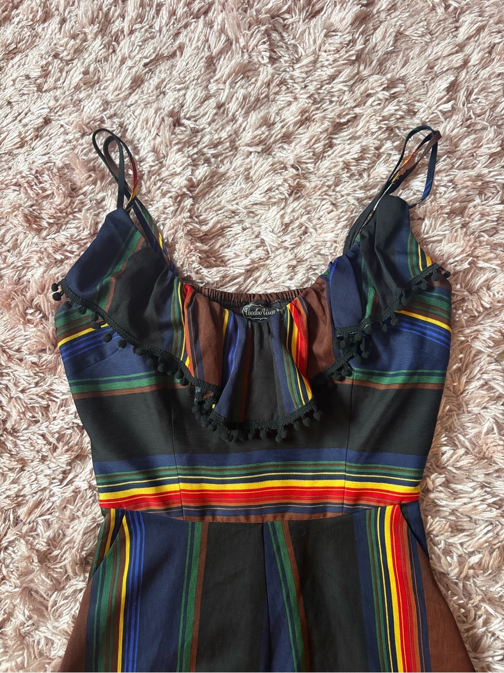 Voodoo Vixen Black Striped Pom Pom Romper Size Small - Picture 6 of 7